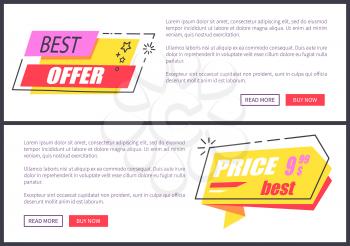 Best offer and price collection of websites with stars and lines as decorative elements, titles and text sample with buttons vector illustration