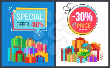 Special offer -50 price off -30 round and rectangular labels with info about discounts, advertisement posters with piles of gift boxes vector set