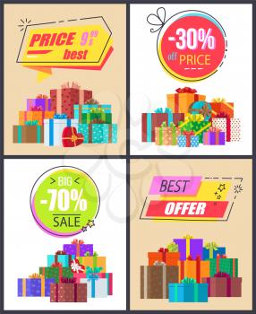 Total sale best prices discounts, final cost premium offer labels of geometric shapes with percent signs and many gift boxes in coor wrappings vector set