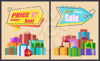 Best sale end price labels with lace, hanging promo stickers and piles of presents in decorative wrapping paper with ribbons and bows vector collection
