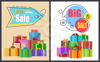 Best big sale advertisement labels on banners with piles of gift boxes, round and arrow shape stickers with info about discounts vector illustration set