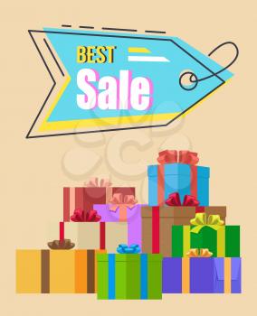Best sale promotion tag on bright background. Vector illustration with blue sale tag with discount advertisement and boxes in festive wrapping paper