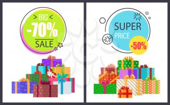 Big total sale - 70 off super half price discounts on round advert labels isolated on vector posters with gift boxes in decorative wrapping