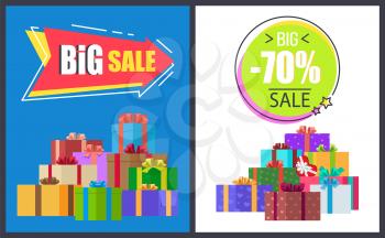 Big total sale - 70 off super half price discounts on round and arrow advert labels isolated on vector posters with gift boxes in decorative wrapping