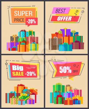 Super price -20 best offer and mega sale, collection of posters with images of various presents with ribbons and headline above vector illustration