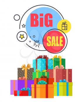 Big sale promo poster with gift boxes in wrapping paper with bows and informative label about discounts with stars and presents icons vector illustration