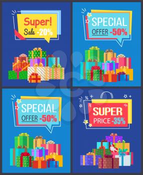 Super sale special offer colorful tags with discount value on blue background. Vector illustration with signs surrounded by festive boxes gift present