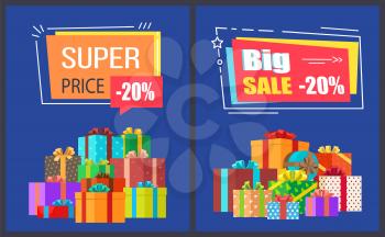 Big super sale best prices discounts -20 off, promo labels with percent signs in liner frames, poster with piles of gift boxes vector illustrations