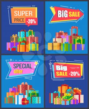 Special offer big sale super price -20 off discounts promo advertisement posters with gift boxes in festive wrapping paper vector illustrations set