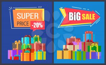 Super price big sale posters with gift boxes and rectangular and arrow shape labels, vector illustration of advertisement leaflets on blue background