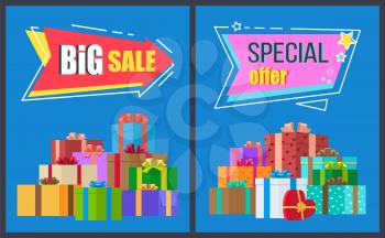 Big sale special offer arrow shape label, and sticker in abstract frame with stars promo posters with gift boxes isolated on blue background vector