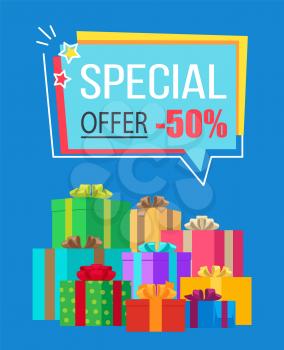Special offer half price off poster with discount clearance and gifts in colorful boxes. Vector illustration with special proposition on blue background