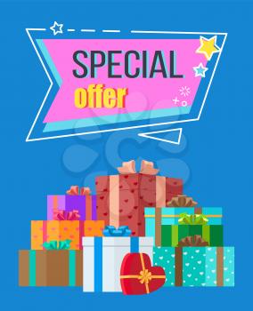 Special offer sticker in abstract frame with stars isolated on poster with mountains of gift boxes with presents vector illustration isolated on blue