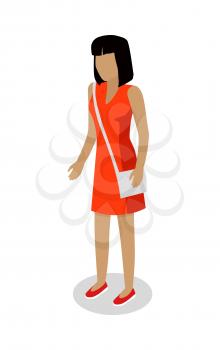 Female faceless cartoon character in red dress and shoes with white purse isolated on white background. Vector illustration of brunette woman in casual clothes. Common human isolated model.