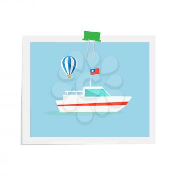 Ship drawn on isolated image attached by green binder. Vector colorful illustration in flat design with white background of floating mean of transportation with flag on water and flying air balloon