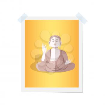 Buddha statue on isolated yellow photograph on white. Vector colorful illustration in flat design of attached picture with brown religious statue in lotus position by two pieces of scotch tape.