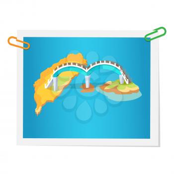 Taiwanese bridge on isolated picture on white. Vector colorful illustration in flat design of photograph with construction in round shape connecting two islands. Sightseeings in Taiwan concept