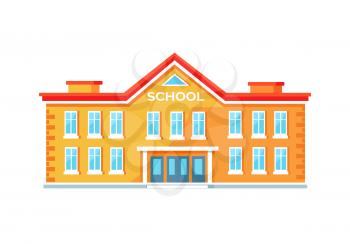 Yellow school building with entrance in middle with wide amount of windows and red roof. Vector illustration isolated on white background