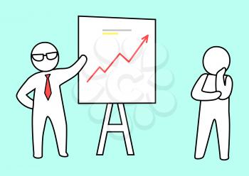 Smart leader wearing glasses and tie presents his graphic of growth to his employee, who is attentively listens to his boss vector illustration