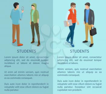 Students cartoon characters posters with man and woman back and front view with modern computer technologies vector illustrations with text on blue