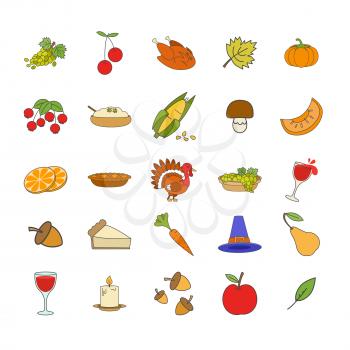 Ripe fruits, vegetables and berries, forest mushroom and acorns, alive and roast turkey, pumpkin porridge, apple pie, cone hat, glass of wine, burning candle and tree leaves vector illustrations.