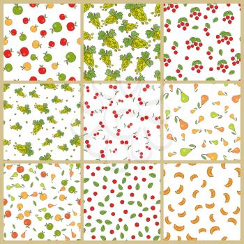 Autumn season nature elements seamless patterns big set. Colorful leaves, ripe berries, acorns and mushrooms flat vectors on white background. Fruits harvest, defoliation, forest food illustrations