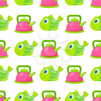 Pink kettle can for children to play in kitchen and swimming green fish seamless pattern vector illustration on white background.