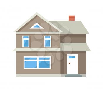 Icon of three storey house of grey color with white front door and big window on ground floor isolated vector illustration on white background