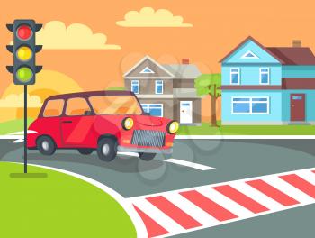 Pedestrian crossing with traffic lights sign on road at rural countryside and retro car before crosswalk vector. Home buildings on background of sunset