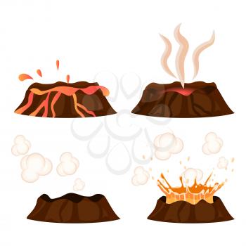 Volcanic eruption stages vector illustrations set. Steaming volcano, hot burning lava approach, splash and spreading isolated on white background. Dangerous and rare natural phenomenon flat style