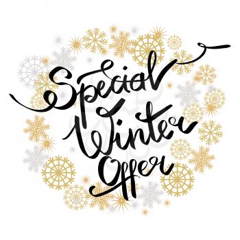 Special winter offer in decorative frame made of silver and golden snowflakes of different shapes, snowballs of gold in x-mas border isolated on white vector