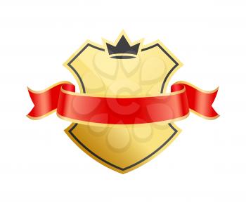 Gold coat of arms with ribbon decoration vector icon. Shiny shield with crown silhouette at top, wrapped in shaped red string with glossy frames.