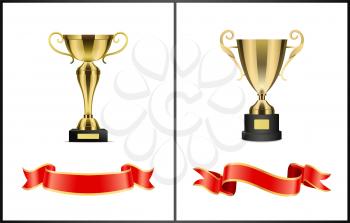 Golden cups on pedestal with nameplate and winding satin ribbons set isolated. Vector realistic award depiction for contest or competition winning.