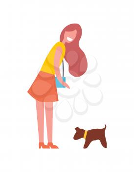 Woman walking with dog pet icon. Smiling lady with handbag on shoulder wants to hug puppy. Canine mammal wearing collar on neck isolated vector icon