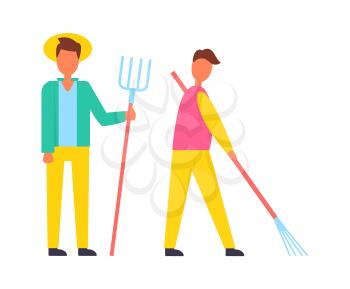 Farmer with hayfork pike and man working using rake to remove leaves of autumn trees. People males occupied with rural job on land isolated vector icons