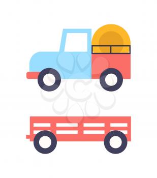 Agrimotor tractor icons set of farming rural equipments and machinery for transporting production. Trailer filled with dry hay isolated on vector