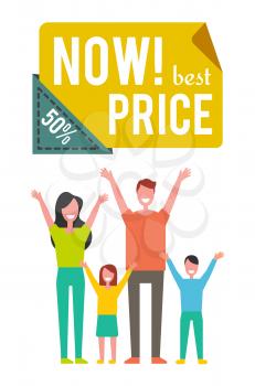 Best price now 50 percent off, special offer banner with happy family vector icon. Smiling group of people with hands up, isolated badge of cartoon style
