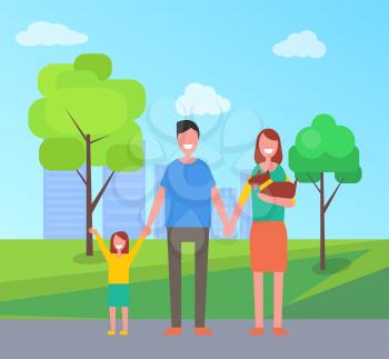 Family parents with kid spending time in park. Father with daughter and mother holding puppy wearing collar. Person smiling happy to be in city vector