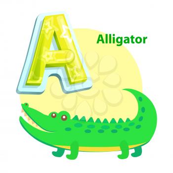 Alligator children alphabet with word and character. Water dweller with crocodile animal. Educational learning flashcard isolated vector, letter A