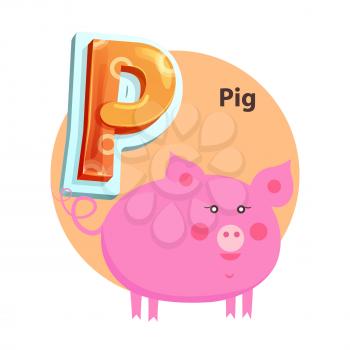 Pig plump character is for P letter in english crisscross-row. Vector cartoon abecedarian poster with piglet for children and kids language lesson.