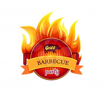 Grill barbecue party hot isolated icon vector. Frying pan fryer with flames fire. Barbeque curved ribbon with text. Dishware for cookout and picnic