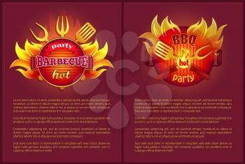 Hot barbeque party vector posters with burning badges, text sample. Fork, spatula and paddle, bbq metal grill with coals in flame sparkles, invitation leaflet