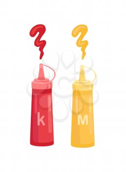 Ketchup and mustard in bottle vector cartoon icon. Set of plastic tubes squeezing sauce, isolated badges, emblem for restaurant or cafe menu cover
