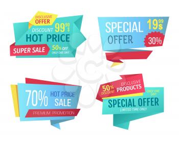 Special offer banners set, vector design icons. Hot price, super sale, premium promotion, exclusive products, limited time only and discount poster