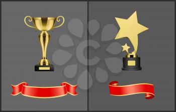 Trophies and red banners set. Golden cup and star awards with silk empty ribbons. Rewards for famous people winner prizes icons isolated  vector