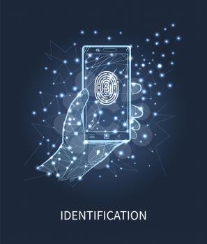 Identification mobile phone with print vector. Scanning system in smartphone, human man hand and gadget with authorization equipment and recognition