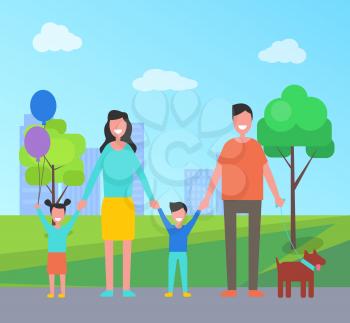Family father and mother having fun in city park with trees. Daughter small girl holding balloons and smiling. Skyscrapers of town in distance vector