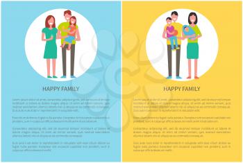 Happy family father and mother posters with text sample. Son sitting on fathers hands with ball, daughter eating ice cream. Spouses and kids vector