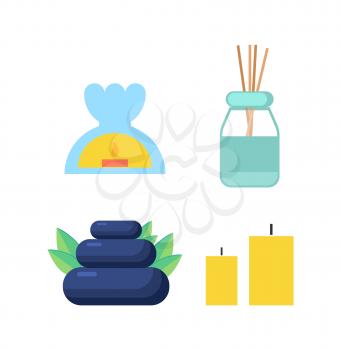 Candle and stone, oil and sticks for spa and massage cartoon banner vector icons set. Candlestick with flame inside and wooden wands in glass jar