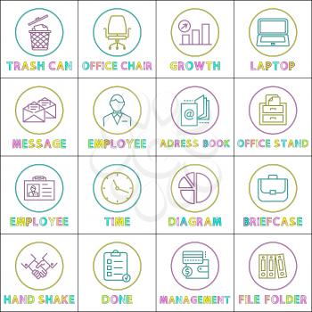 Modern application linear bright icons templates. Web round buttons outline for online applications with symbols isolated cartoon vector illustration.